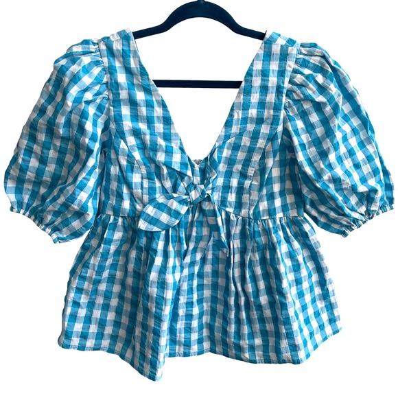 Lilly Pulitzer Sarafina Top Womens 2 Turquoise Gingham Puff Sleeve Smocked NWT - Picture 3 of 9
